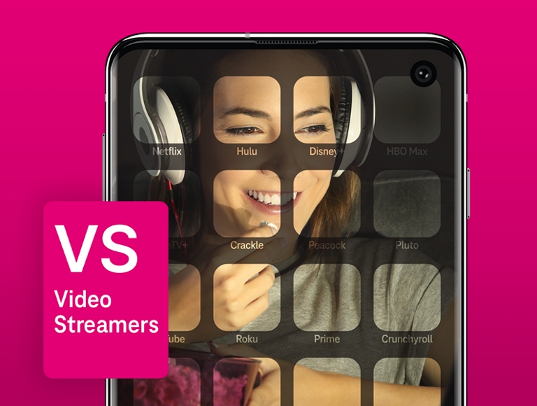 Smartphone con imagen de persona haciendo streaming de video en la pantalla. Con el título "Streamers de video" sobre él.