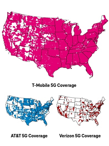 Mapas de EE. UU. que muestran la saturación de la cobertura 5G para las redes de T-Mobile, AT&T y Verizon.