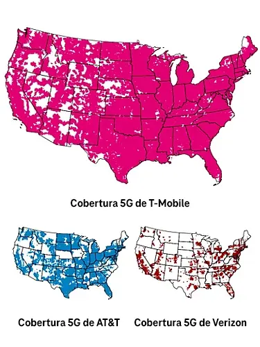 Tres mapas de los Estados Unidos que comparan la cobertura 5g de T-Mobile, Verizon y AT&T.