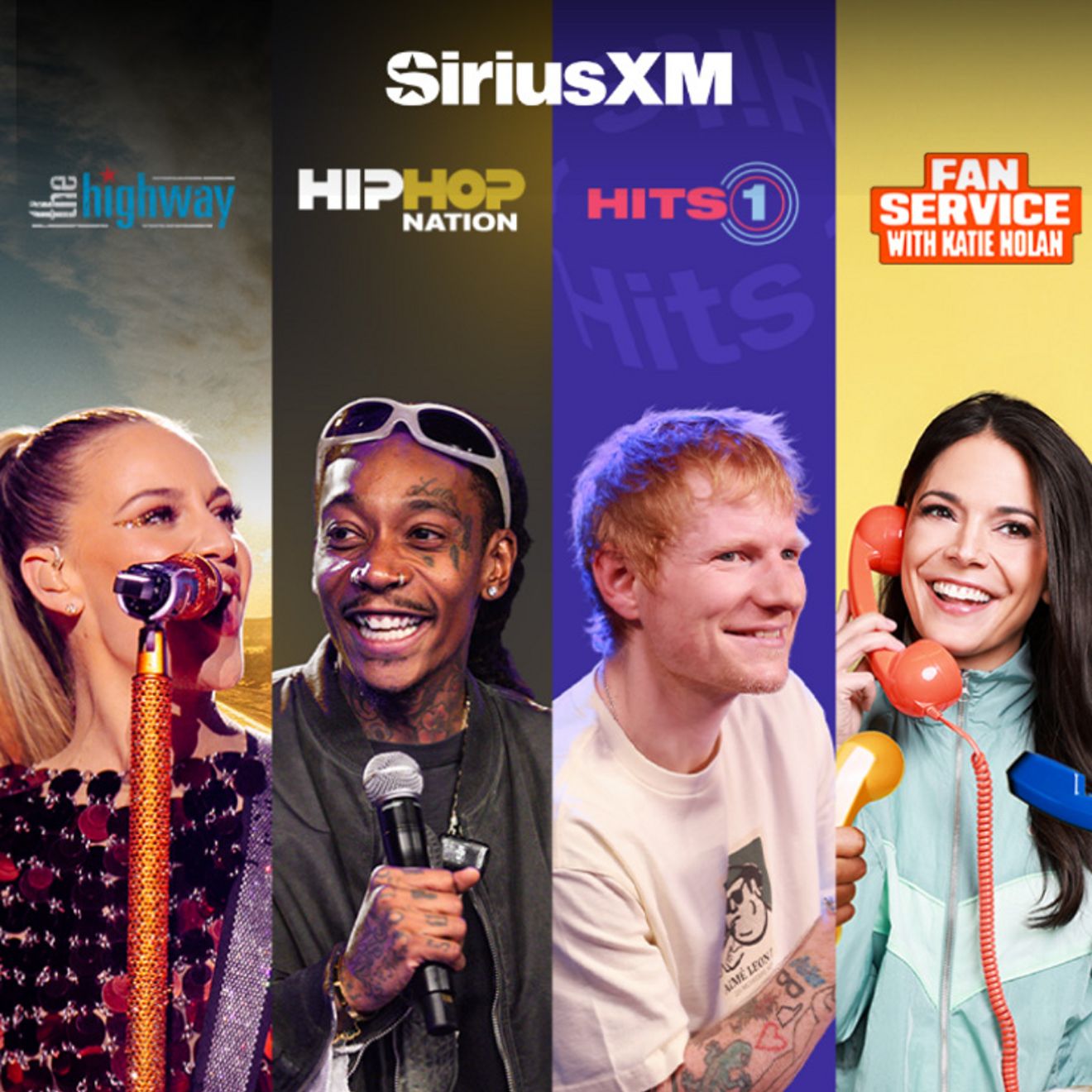 Cuatro miniaturas que representan cuatro estaciones de SiriusXM diferentes.