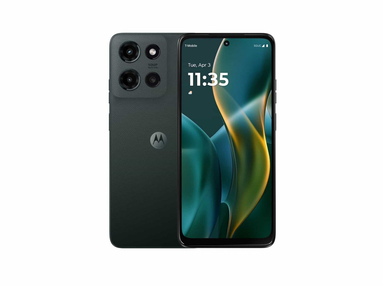 Vista frontal y posterior de dos dispositivos moto g 2025.