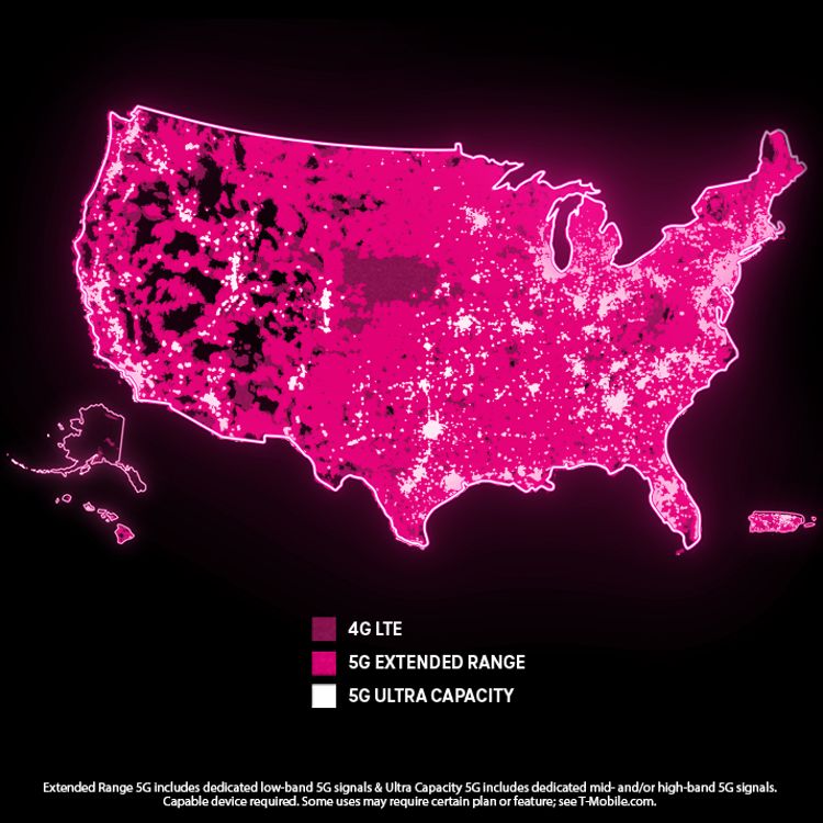 Un mapa de los Estados Unidos que muestra la cobertura de T-Mobile para 4G LTE, Alcance 5G Extendido y 5G de ultracapacidad. Aviso legal: Alcance 5G Extendido incluye señales 5G de banda baja. 5G de ultracapacidad incluye señales 5G exclusivas de banda media y/o alta, y cubre a cientos de ciudades y millones de personas, y se siguen agregando más todo el tiempo; más información enes.T-Mobile.com/5Glayers. Se requiere dispositivo compatible. Para algunos usos se podría requerir un determinado plan o función; consulta es.T Mobile.com.