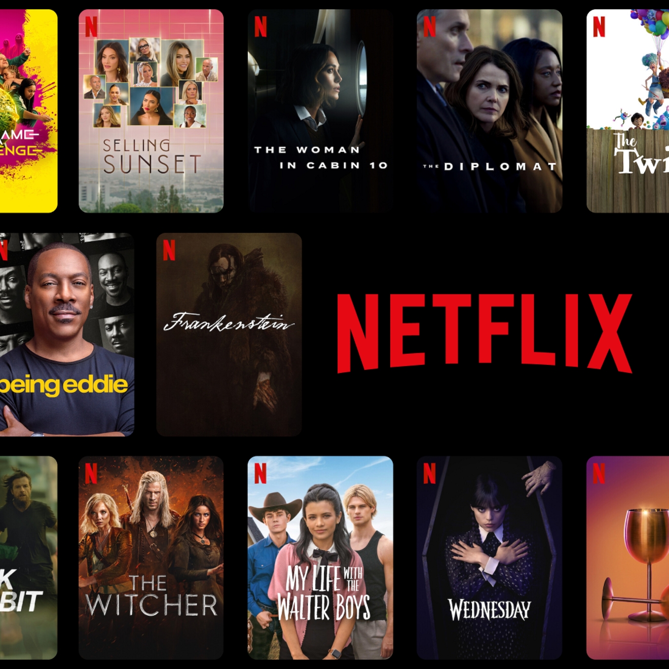 Un collage de programas y películas populares de Netflix, como Black Rabbit, Wednesday y Squid Game.