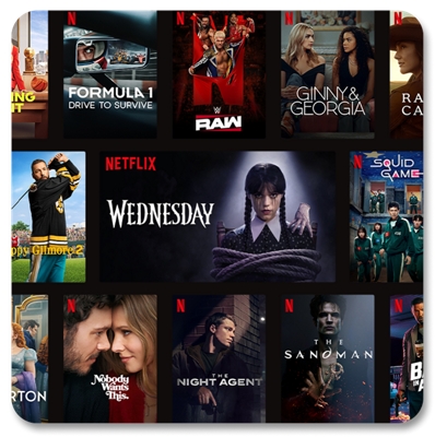 Un collage de programas y películas populares de Netflix, como Happy Gilmore 2, Wednesday y Squid Game.