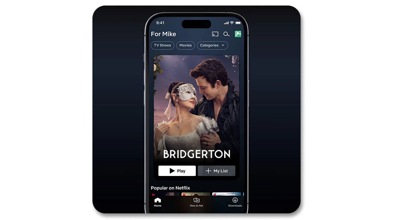 Imágenes promocionales de la serie de Netflix, Bridgerton en la pantalla de un iPhone.