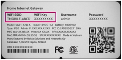 Etiqueta del gateway Nokia 5G21 con un círculo alrededor del SSID Wi-Fi y la contraseña de Wi-Fi