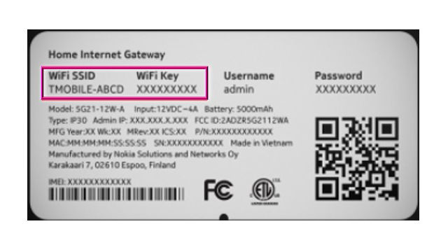 Etiqueta de la puerta de enlace Nokia 5G21 con un círculo alrededor del SSID Wi-Fi y la contraseña de Wi-Fi