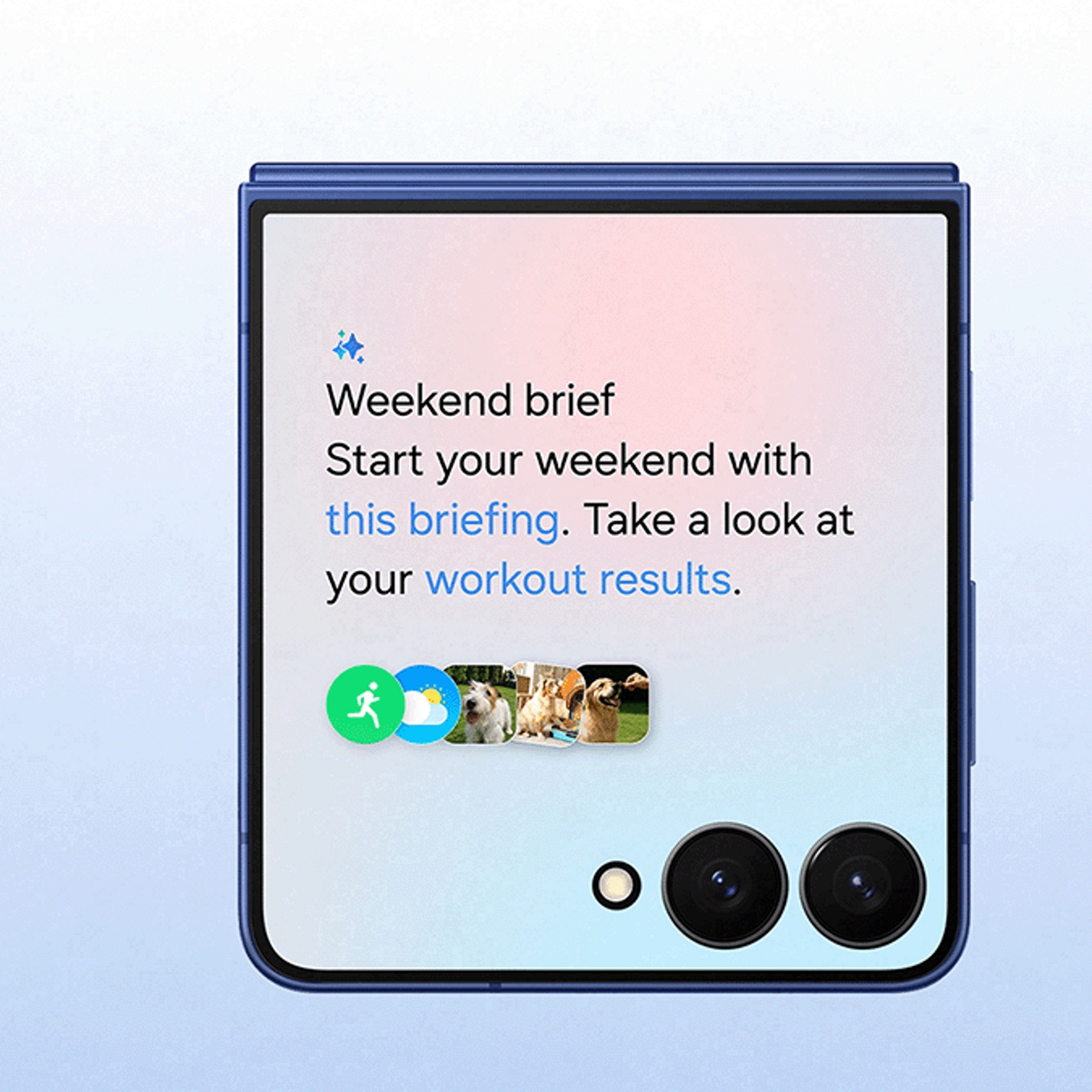 Un Galaxy Z Flip7 plegado con el resumen del fin de semana en la pantalla exterior.
