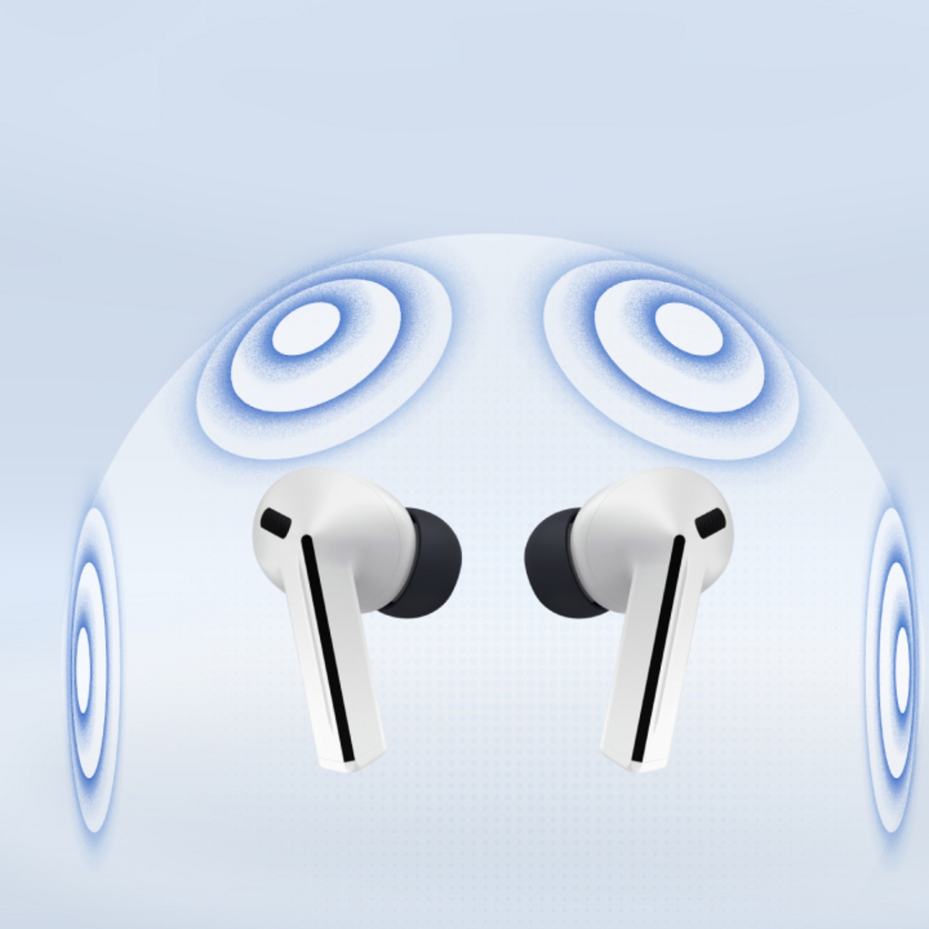 Galaxy Buds3 FE rodeados de ondas de audio por todos lados.