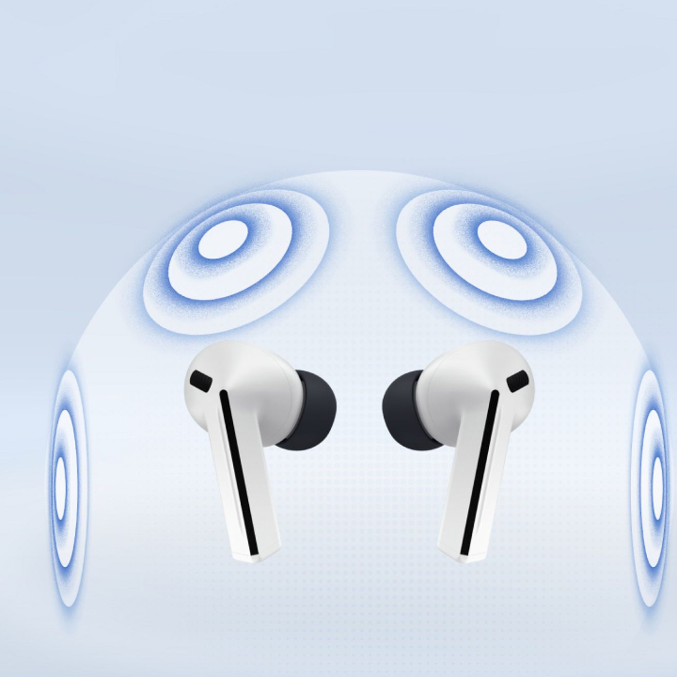 Galaxy Buds3 FE rodeados de ondas de audio por todos lados.
