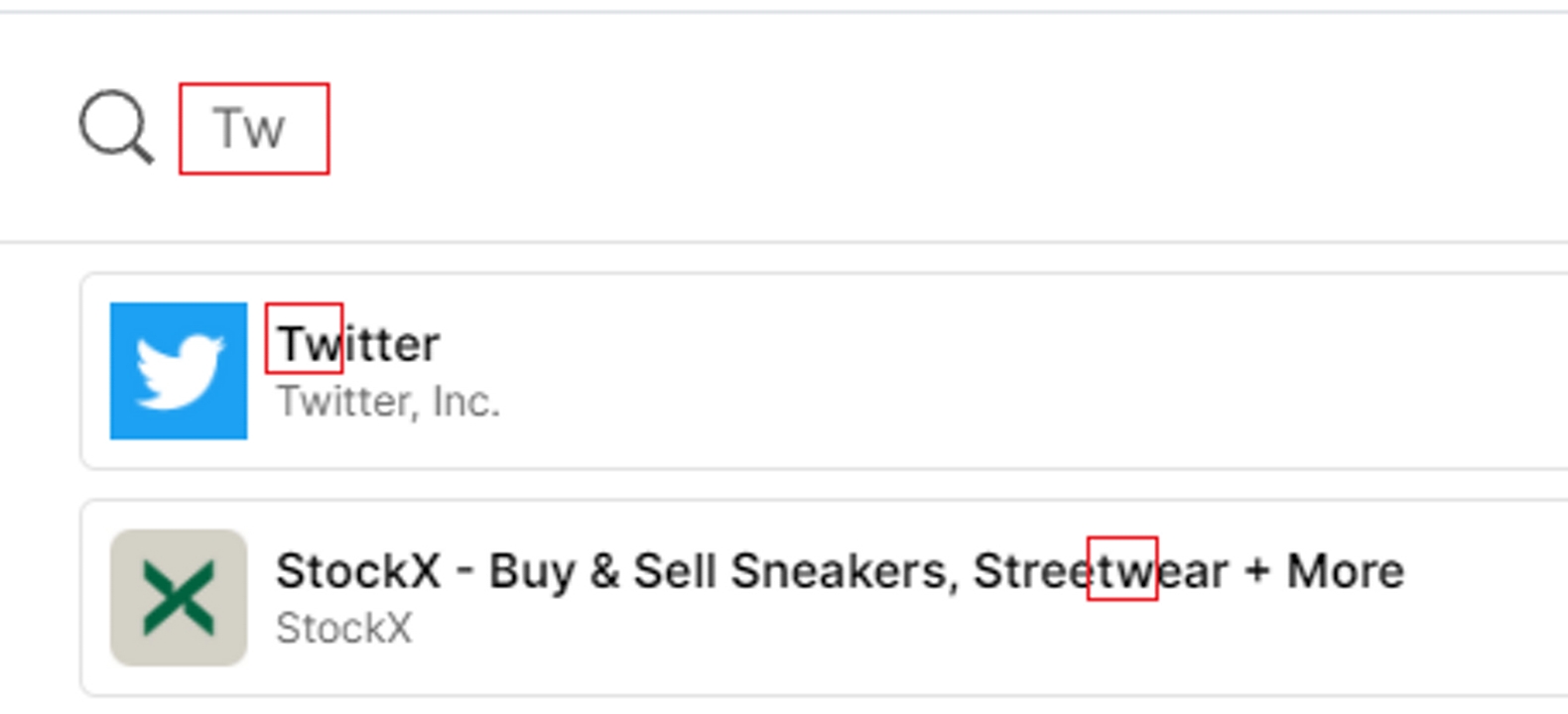 Resultados predictivos de búsqueda de apps.