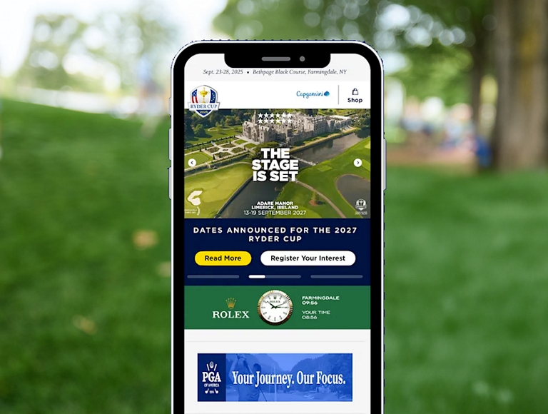 Interfaz de la app Ryder Cup en un smartphone.