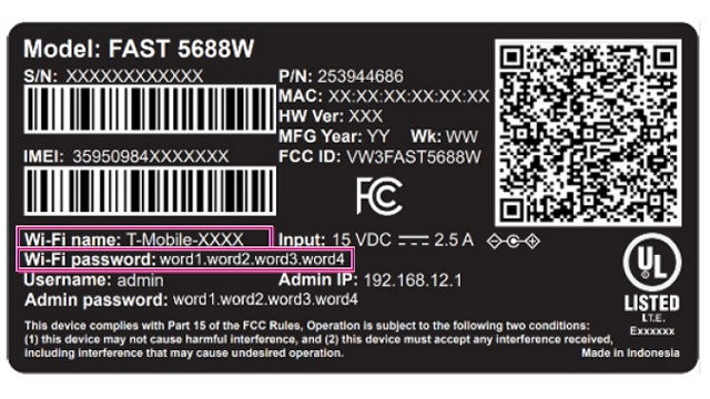 Sagemcom gateway label with outline around Wi-Fi name and password