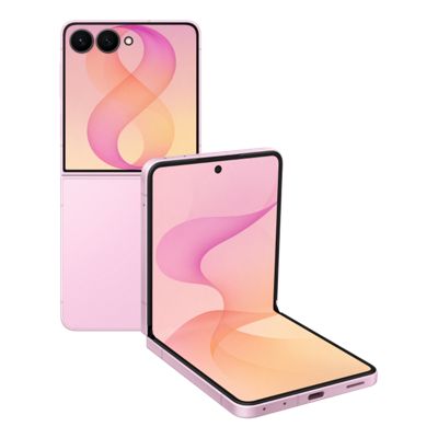 Se muestra un Samsung Galaxy Z Flip8 en rosa, plegado y parcialmente abierto para destacar las dos cámaras y la pantalla flexible.