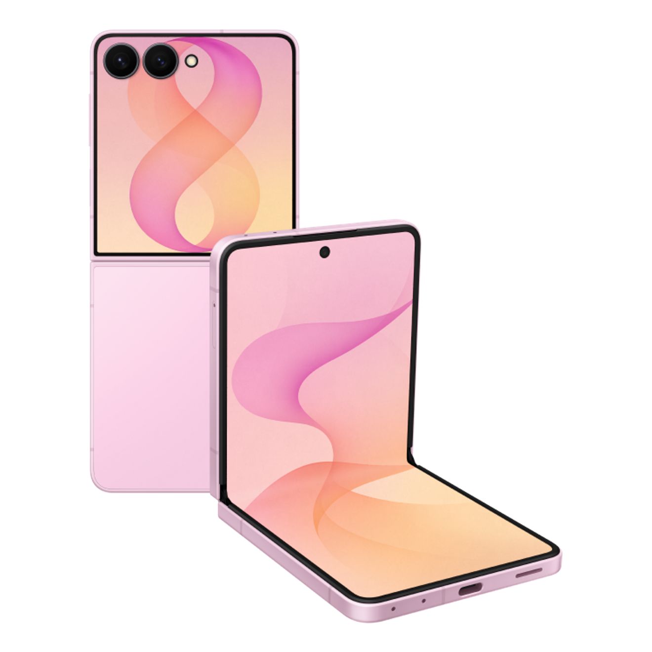 Se muestra un Samsung Galaxy Z Flip8 en rosa, plegado y parcialmente abierto para destacar las dos cámaras y la pantalla flexible.