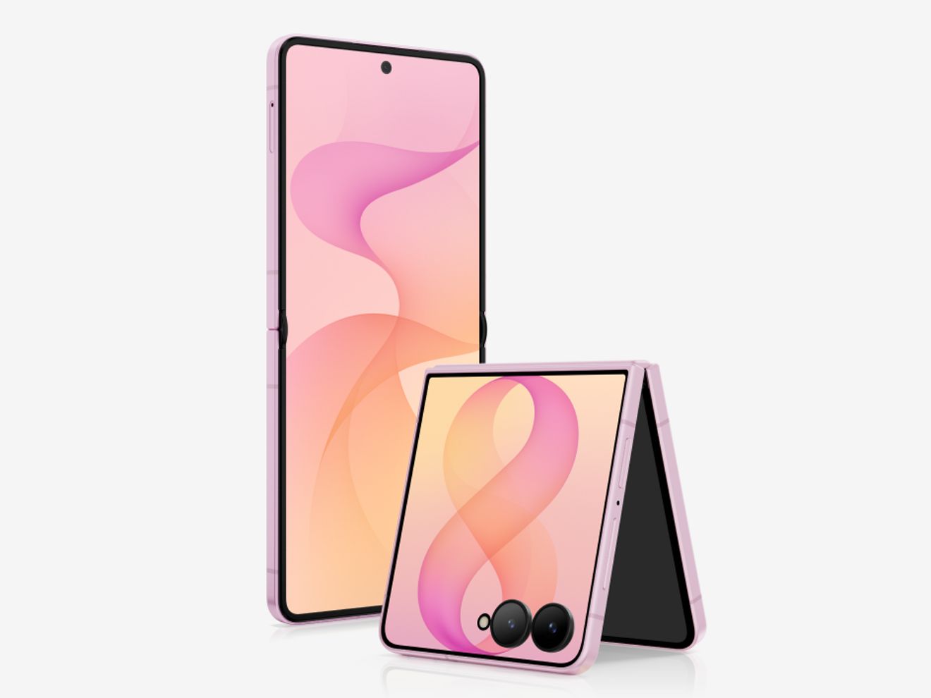 Un Samsung Galaxy Z Flip8 en rosa, que se muestra abierto y plegado en Flex Mode con dos cámaras y una pantalla abstracta en rosa suave.