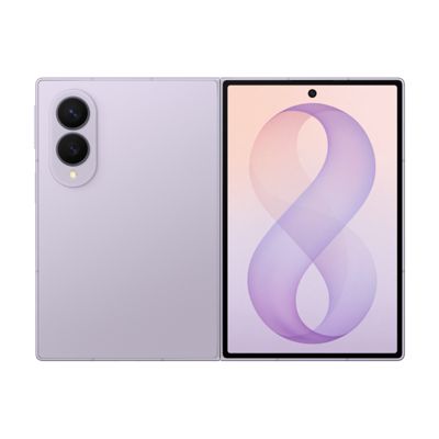 Samsung Galaxy Z Fold8 en morado claro, de frente y de atrás, con una gran pantalla plegable y dos cámaras traseras.