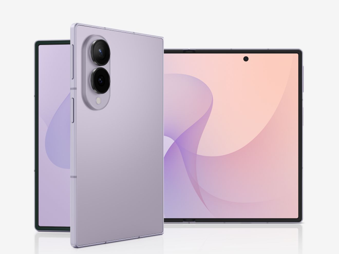 Se muestra un Samsung Galaxy Z Fold8 en morado claro abierto y cerrado para destacar la pantalla plegable expansiva y dos cámaras traseras.