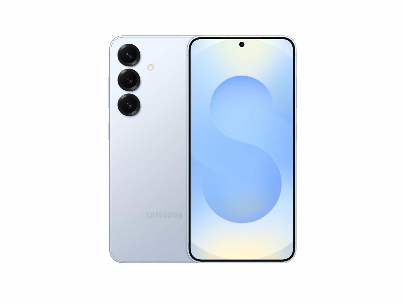 Vista frontal y posterior de dos dispositivos Samsung Galaxy S25.