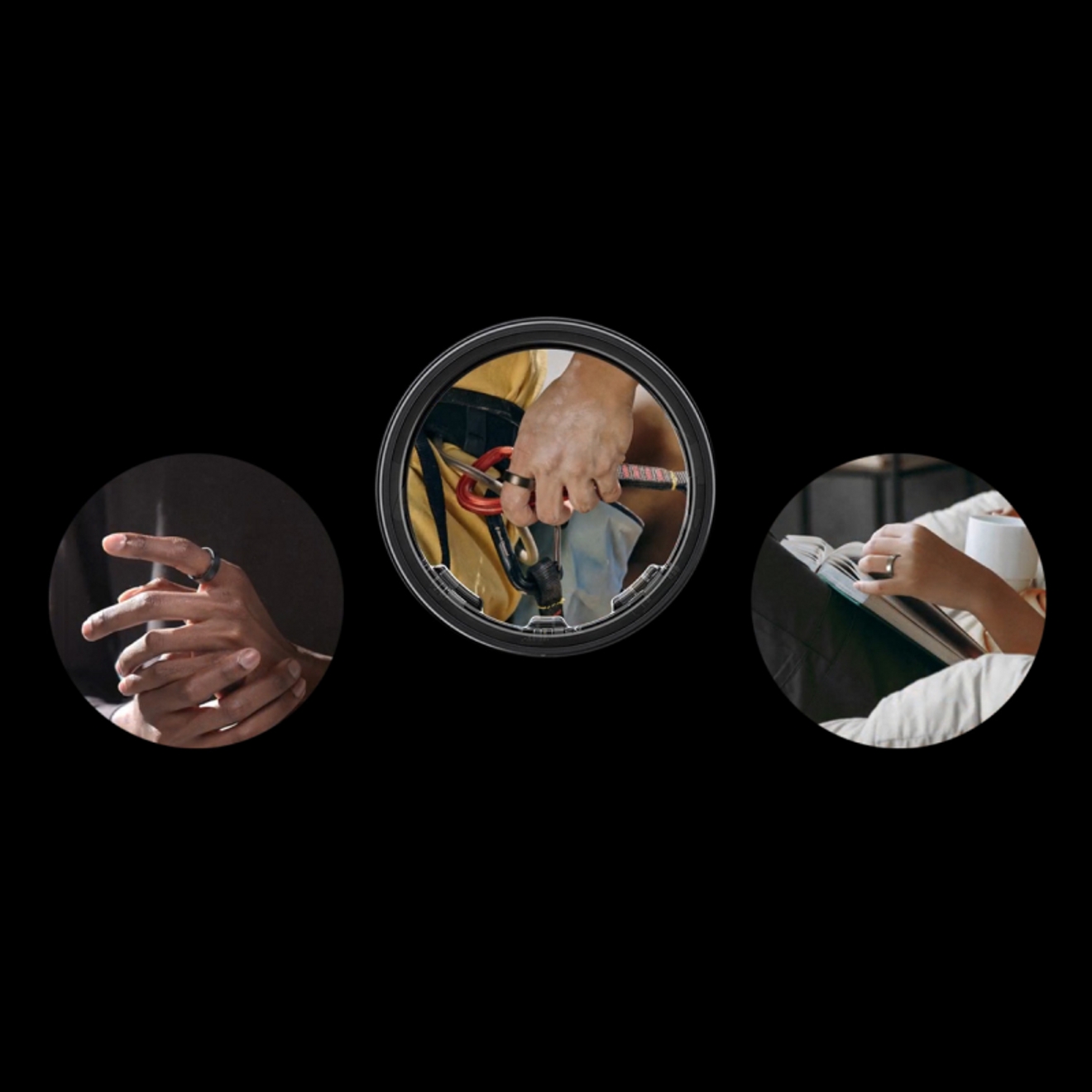 3 manos diferentes con un Galaxy Ring.