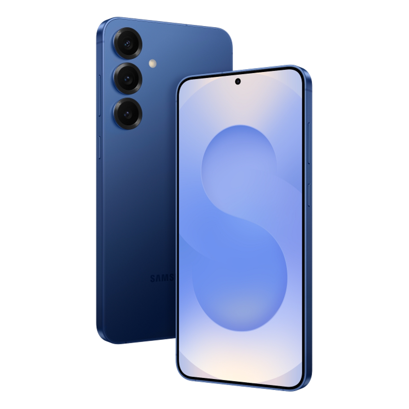 Dos Galaxy S25+ en color azul, levemente en ángulo. Uno orientado hacia adelante y uno hacia atrás.