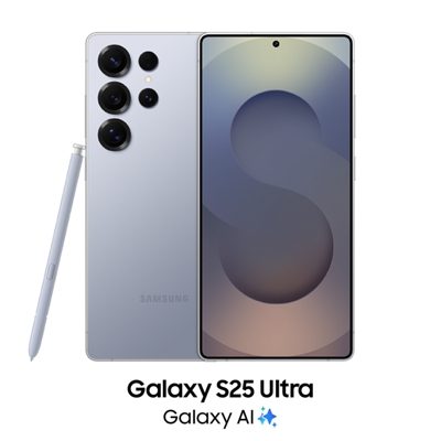 Dos Galaxy S25 Ultra en color azul titanio. Uno orientado hacia adelante y uno hacia atrás. Hay un lápiz óptico junto a uno de los dispositivos.