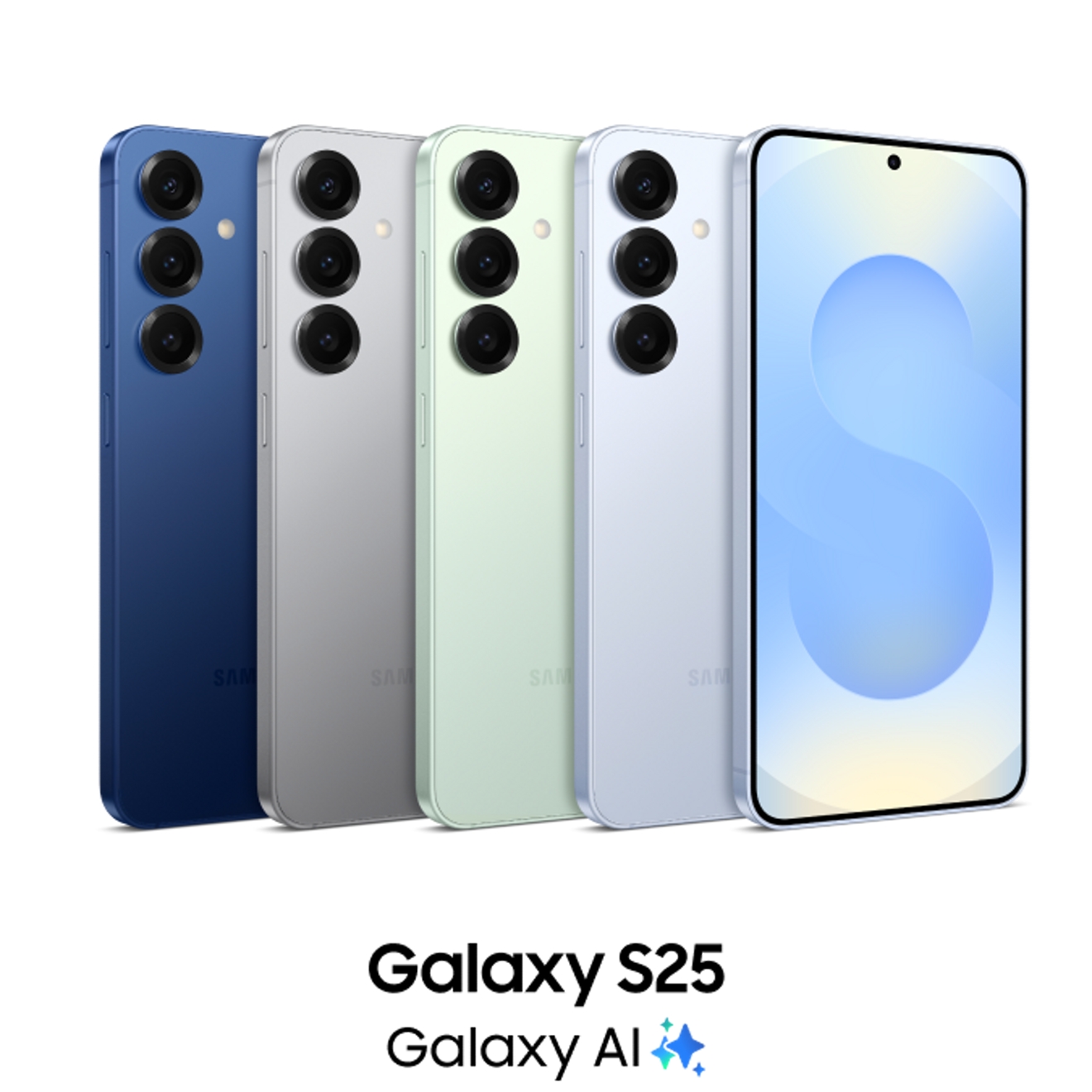 Dos Galaxy S25 en color ice blue. Uno orientado hacia adelante y uno hacia atrás.