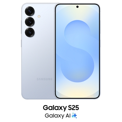 Smartphone Samsung Galaxy S25 en plateado, mostrado por delante y por detrás con triple cámara.