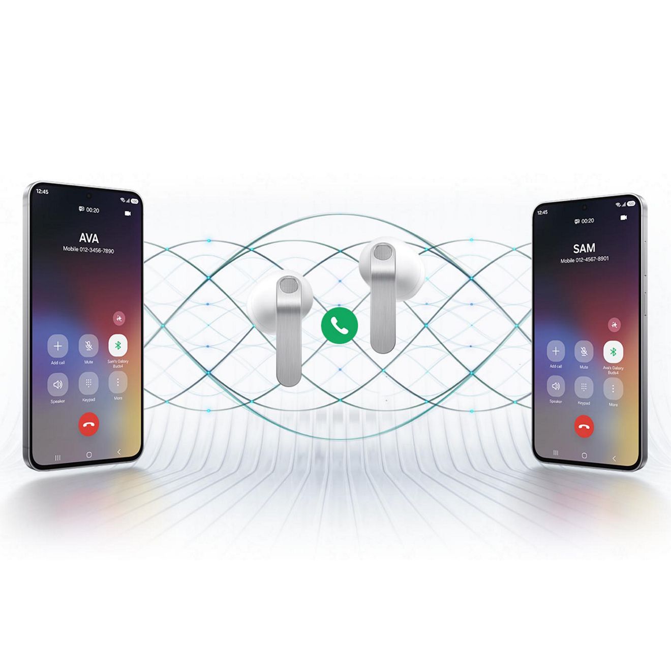 Two smartphones show an active call, with wireless earbuds in the center.