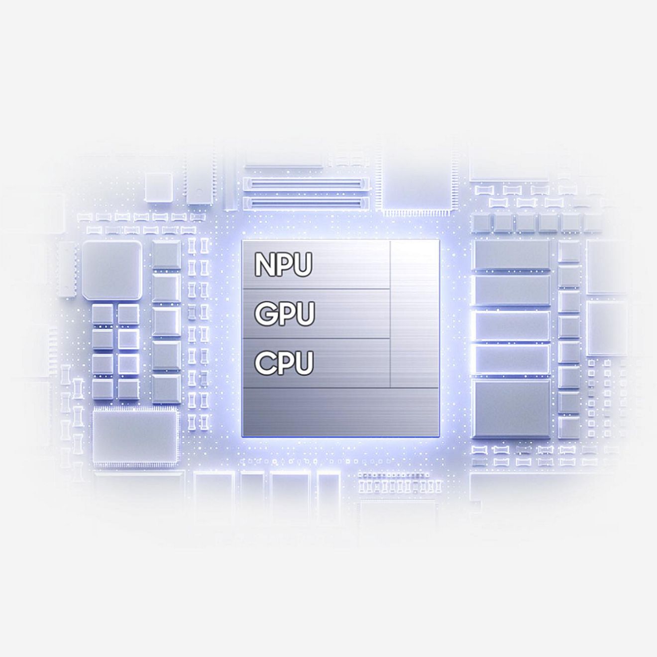 A glowing chipset with NPU, GPU, and CPU components.