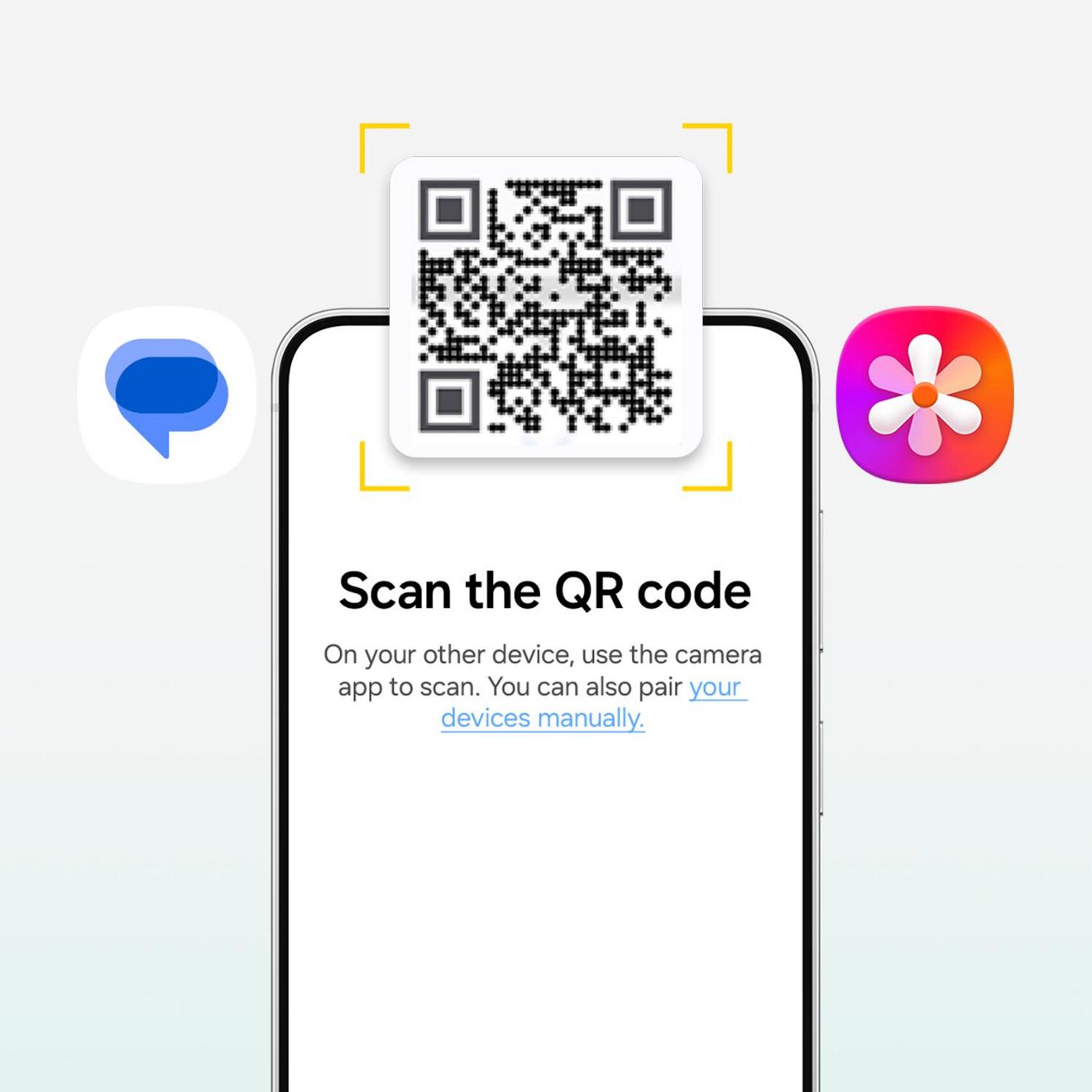 A phone screen shows a QR code for pairing devices. Photo and message app icons are around it.
