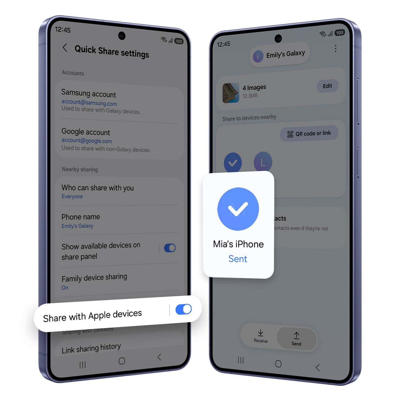 Samsung Quick Share muestra cuatro imágenes enviadas con éxito al iPhone de Mia, con la función Compartir con dispositivos Apple activada.