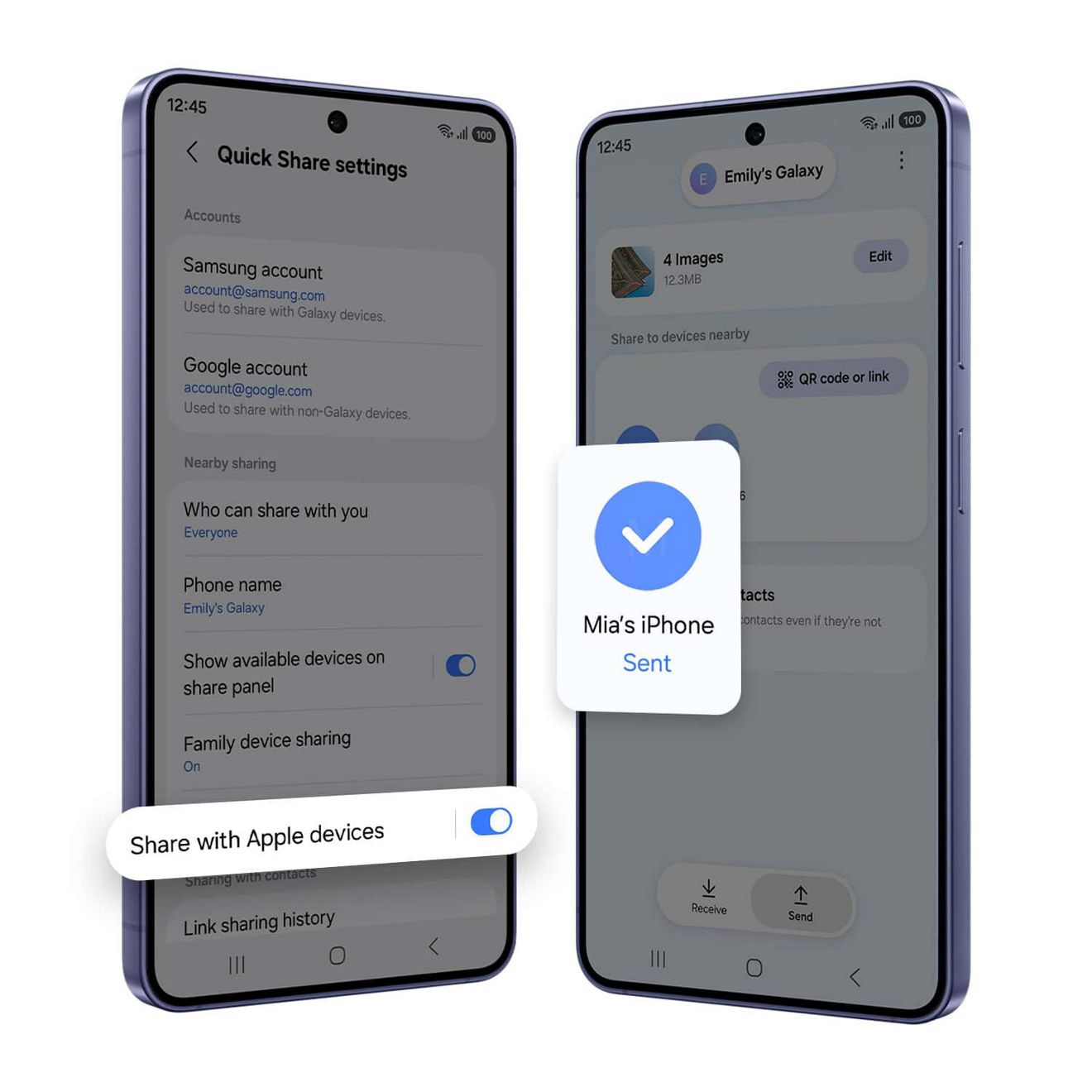 Samsung Quick Share muestra cuatro imágenes enviadas con éxito al iPhone de Mia, con la función Compartir con dispositivos Apple activada.