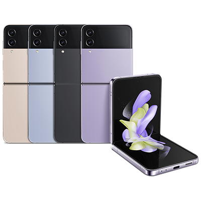 Teléfono Samsung Galaxy Z Flip4 y teléfono Z Fold4 con stylus.