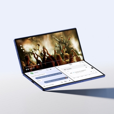 Imagen de un Galaxy Z Fold7 con tres ventanas activas: un concierto en directo, una conversación por mensaje directo y una cita del calendario.