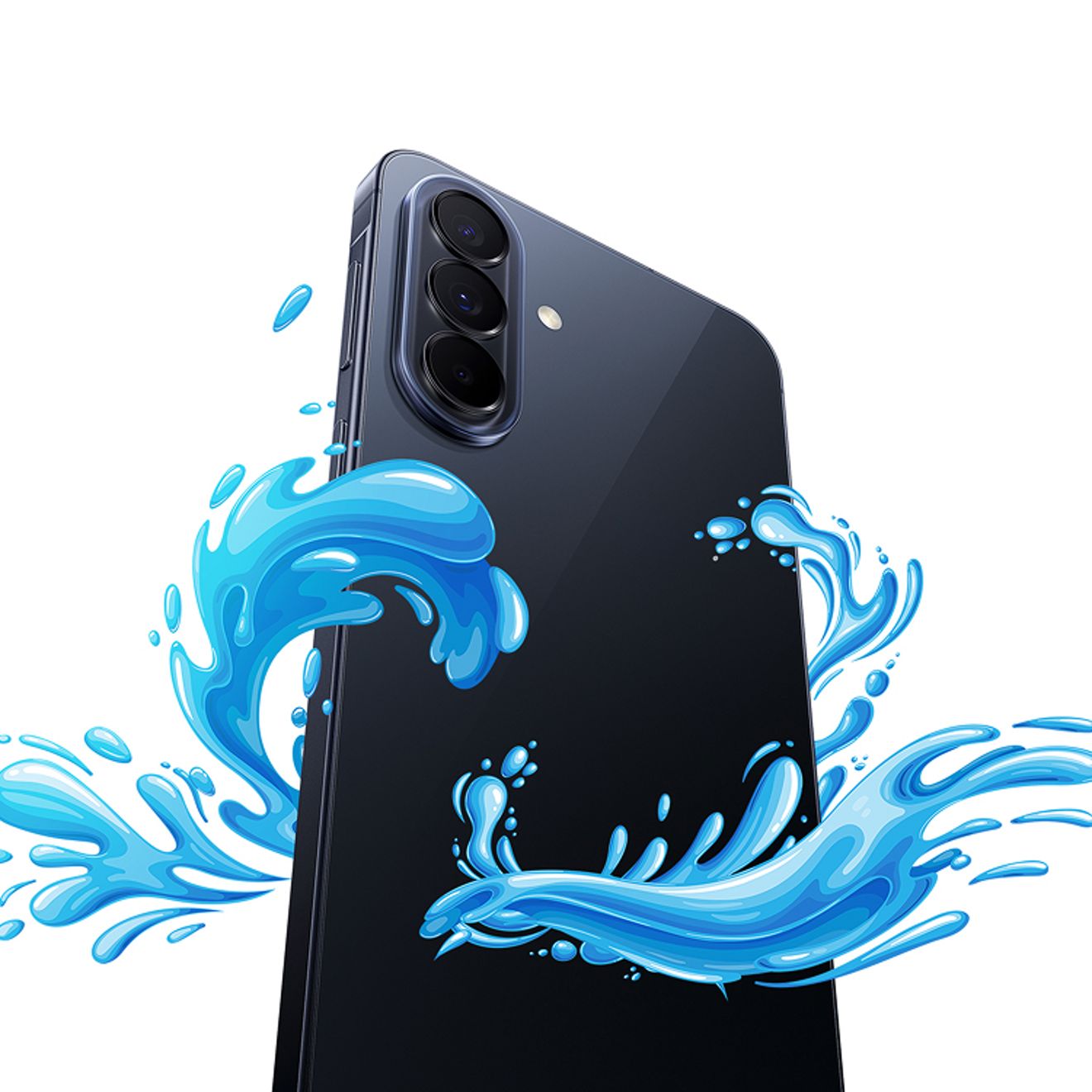 Teléfono Galaxy A57 5G rodeado de imágenes de agua.