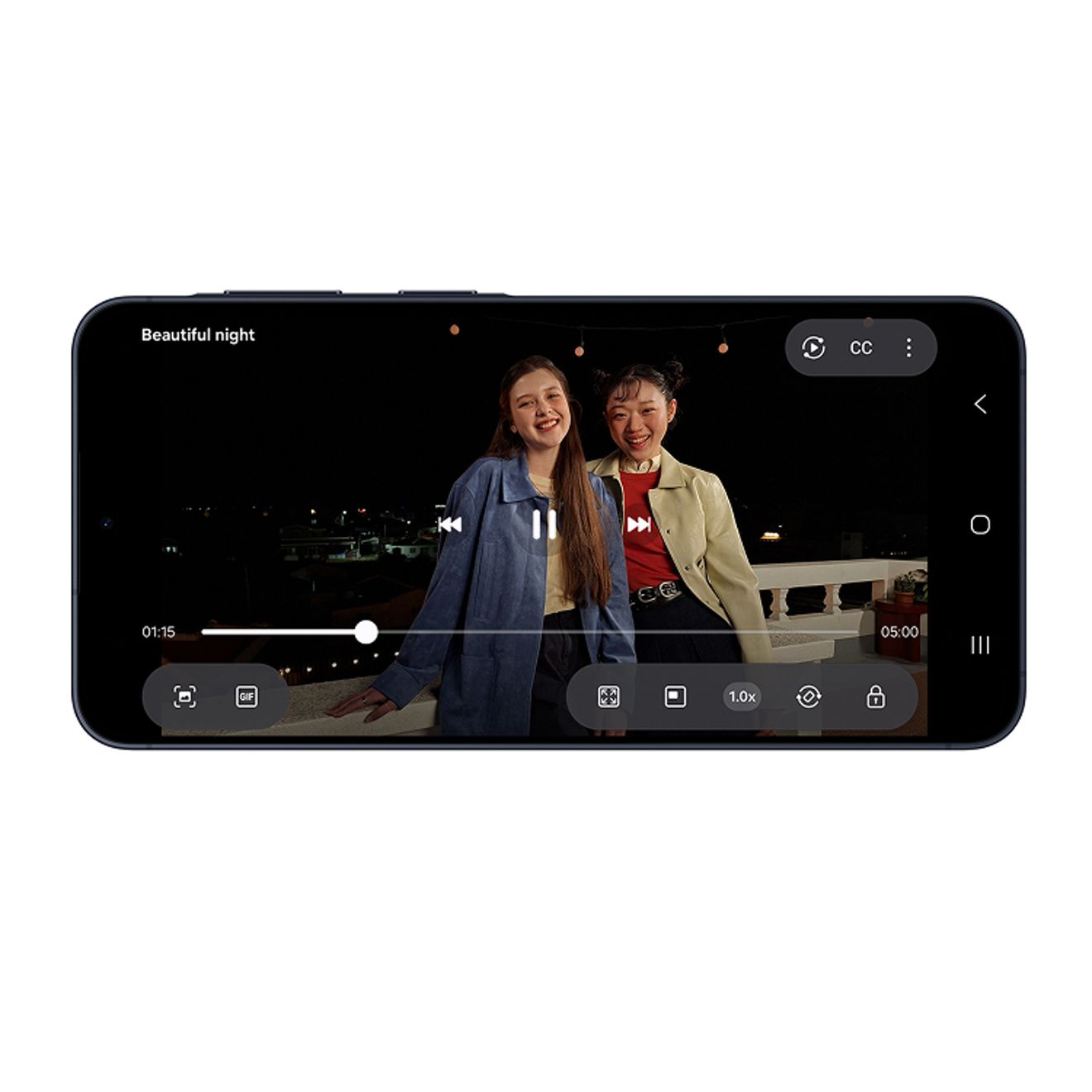 Vista en horizontal del Galaxy A57 5G mostrando las funciones de video con poca luz.