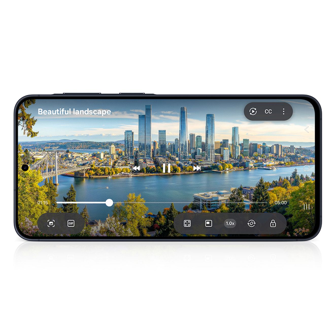 Vista en horizontal del Galaxy A57 5G reproduciendo un video.