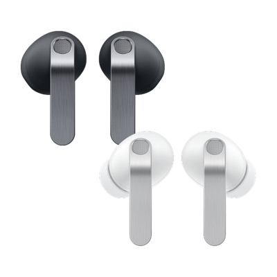 Parte posterior de un par blanco y un par negro de Galaxy Buds4