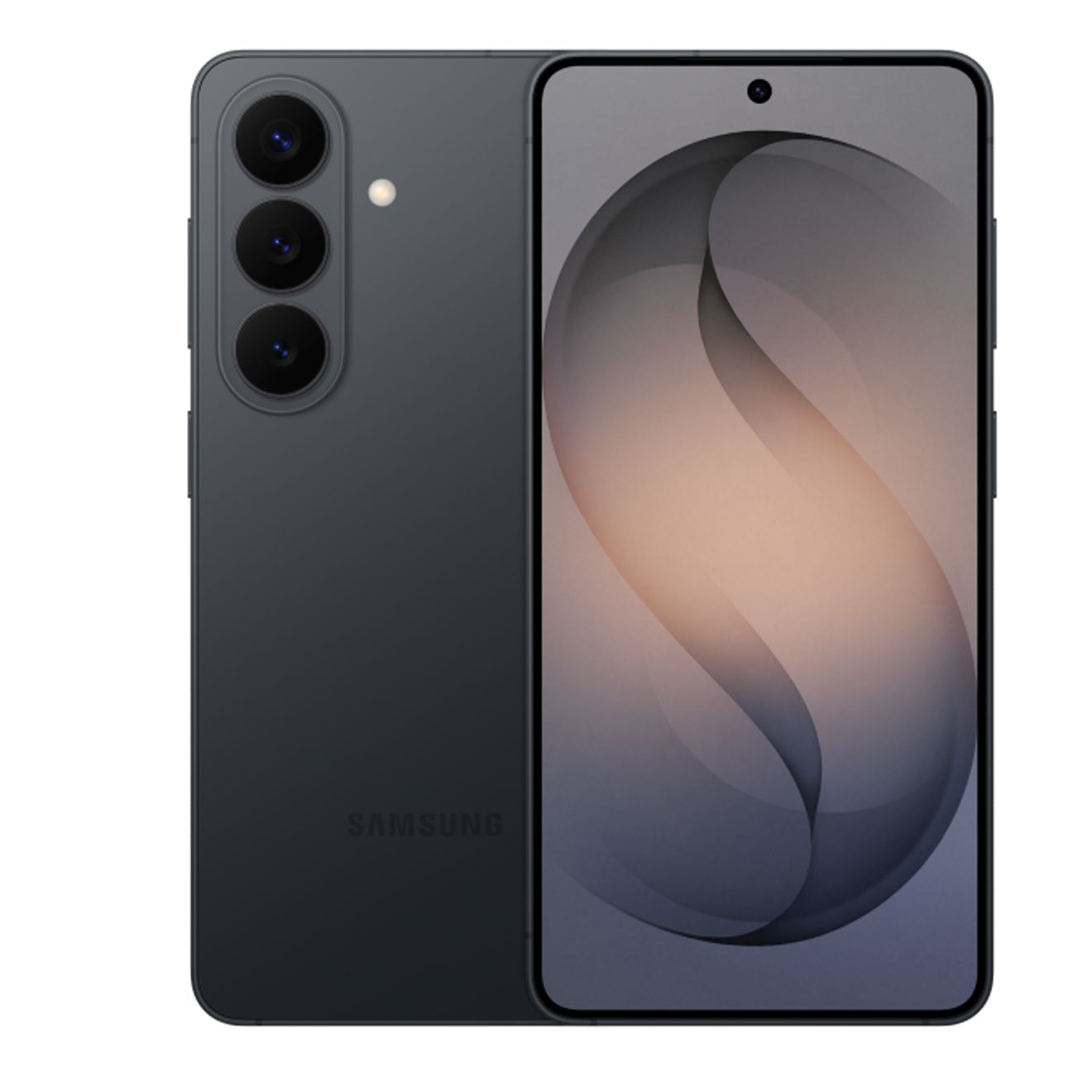 Se muestra un Galaxy S26 gris oscuro desde el frente y la parte posterior, con un acabado mate suave y un remolino abstracto y suave que llena la pantalla.