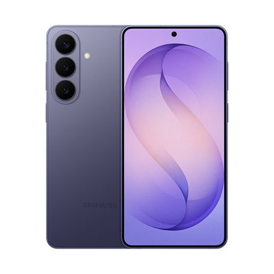 Se muestra un Galaxy S26 de color morado suave desde el frente y la parte posterior, con un acabado mate liso y un delicado remolino abstracto que llena la pantalla.