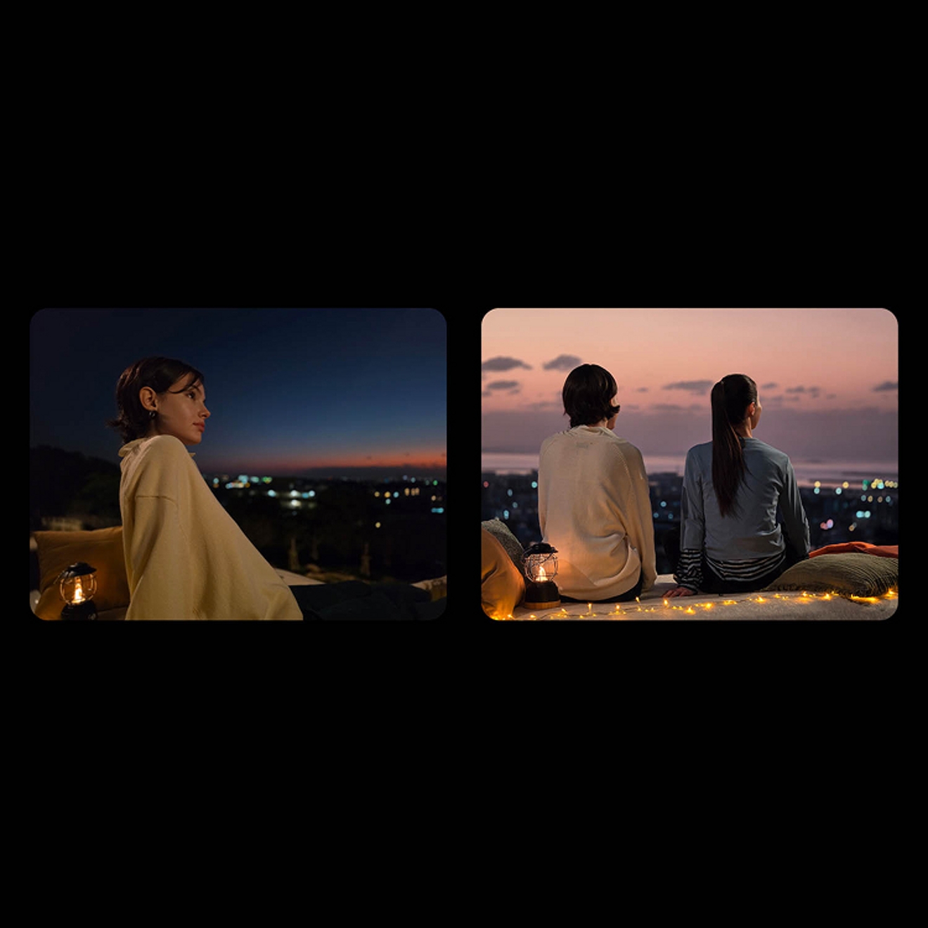 Two photos captured in low-light of people at night