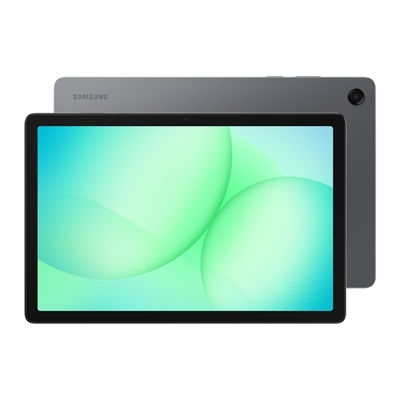 Samsung Galaxy Tab A11+ in dark gray, shown front and back with a bright green and blue display and a single rear camera.
