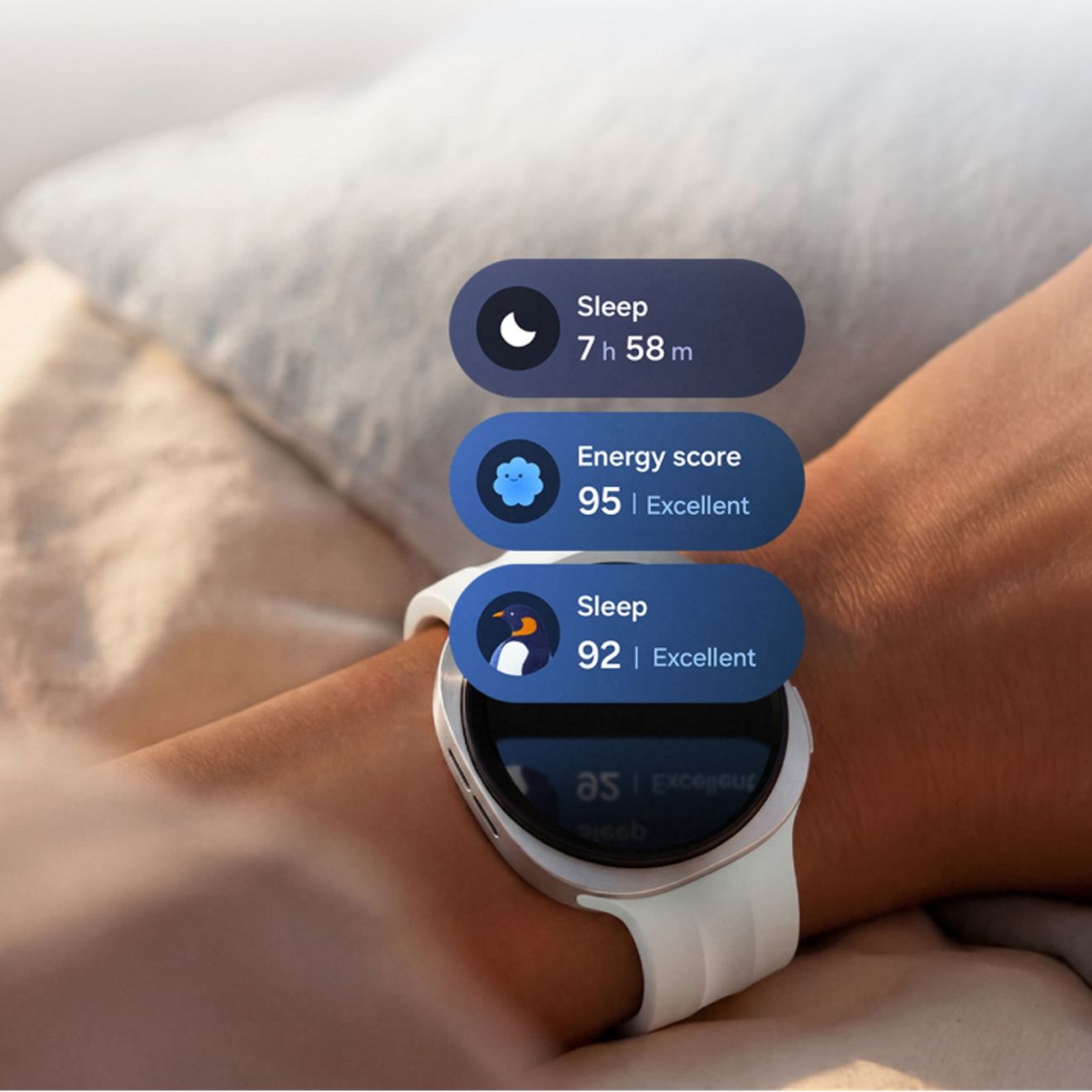 Persona usando un Galaxy Watch 9 en la cama muestra las puntuaciones del monitoreo del sueño.