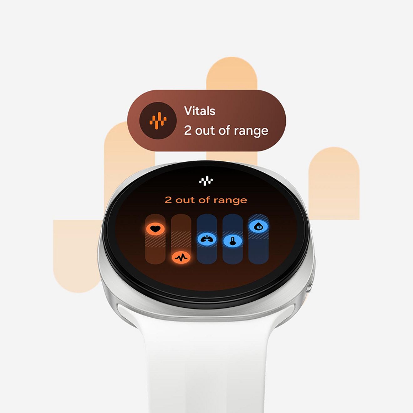 Galaxy Watch9 muestra un panel de vitals con dos métricas de salud fuera del rango habitual para ofrecer información rápida sobre tu bienestar.