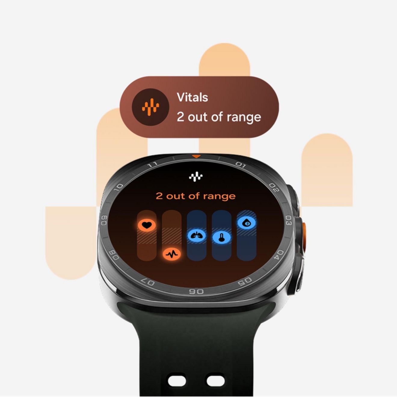 El Galaxy Watch Ultra dos muestra un panel de control de signos vitales con dos parámetros de salud fuera de los valores normales para supervisar rápidamente tu bienestar.