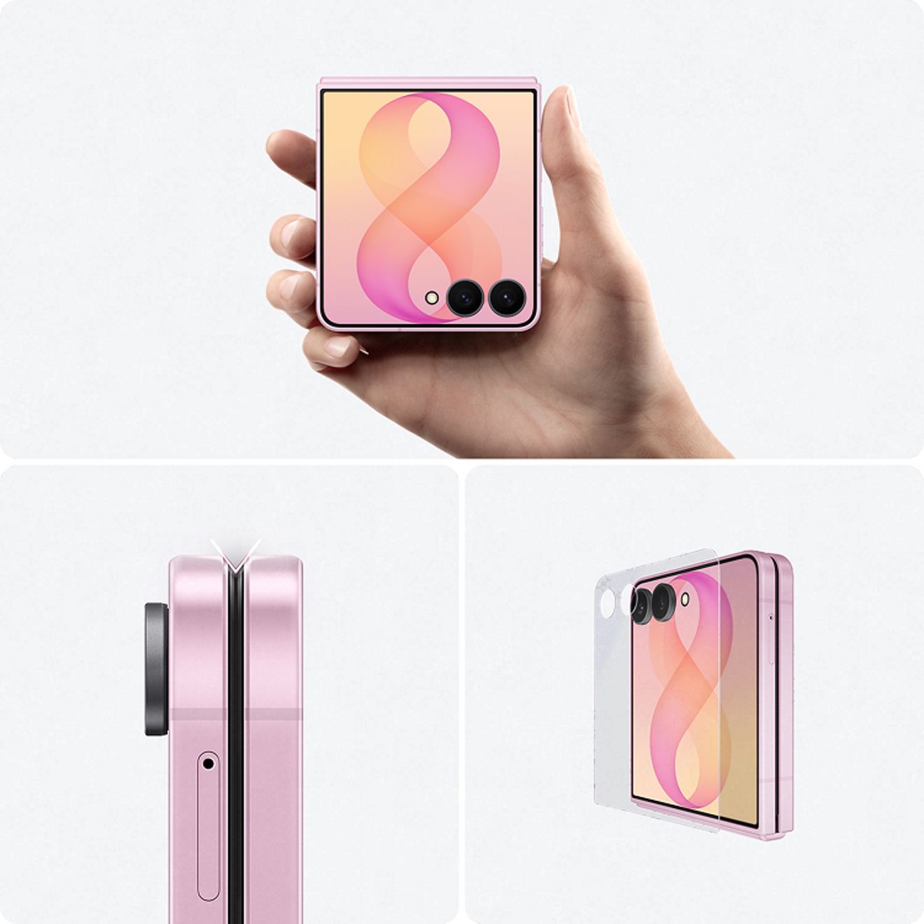 El Samsung Galaxy Z Flip8 en rosa, se muestra plegado desde múltiples ángulos para destacar el diseño compacto, la pantalla de la cubierta y las cámaras traseras dobles.