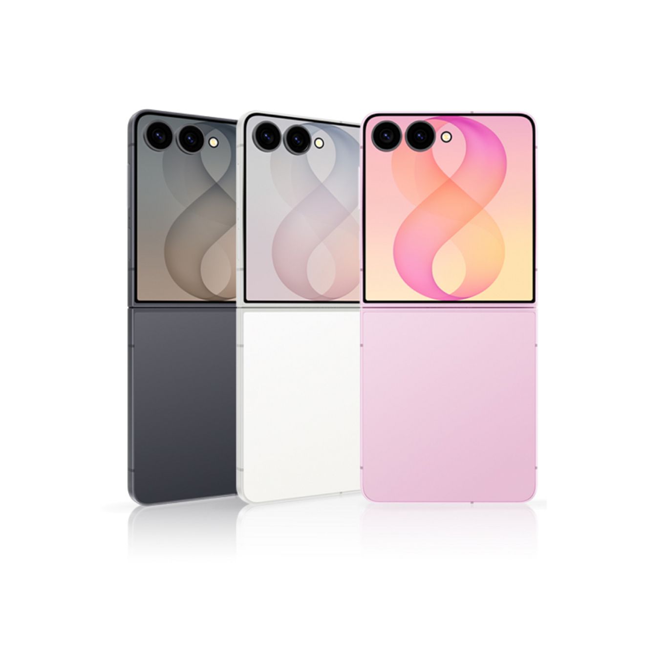 El Samsung Galaxy Z Flip8 en gris, blanco y rosa, que se muestra plegado con la pantalla de la cubierta visible y las cámaras traseras dobles.
