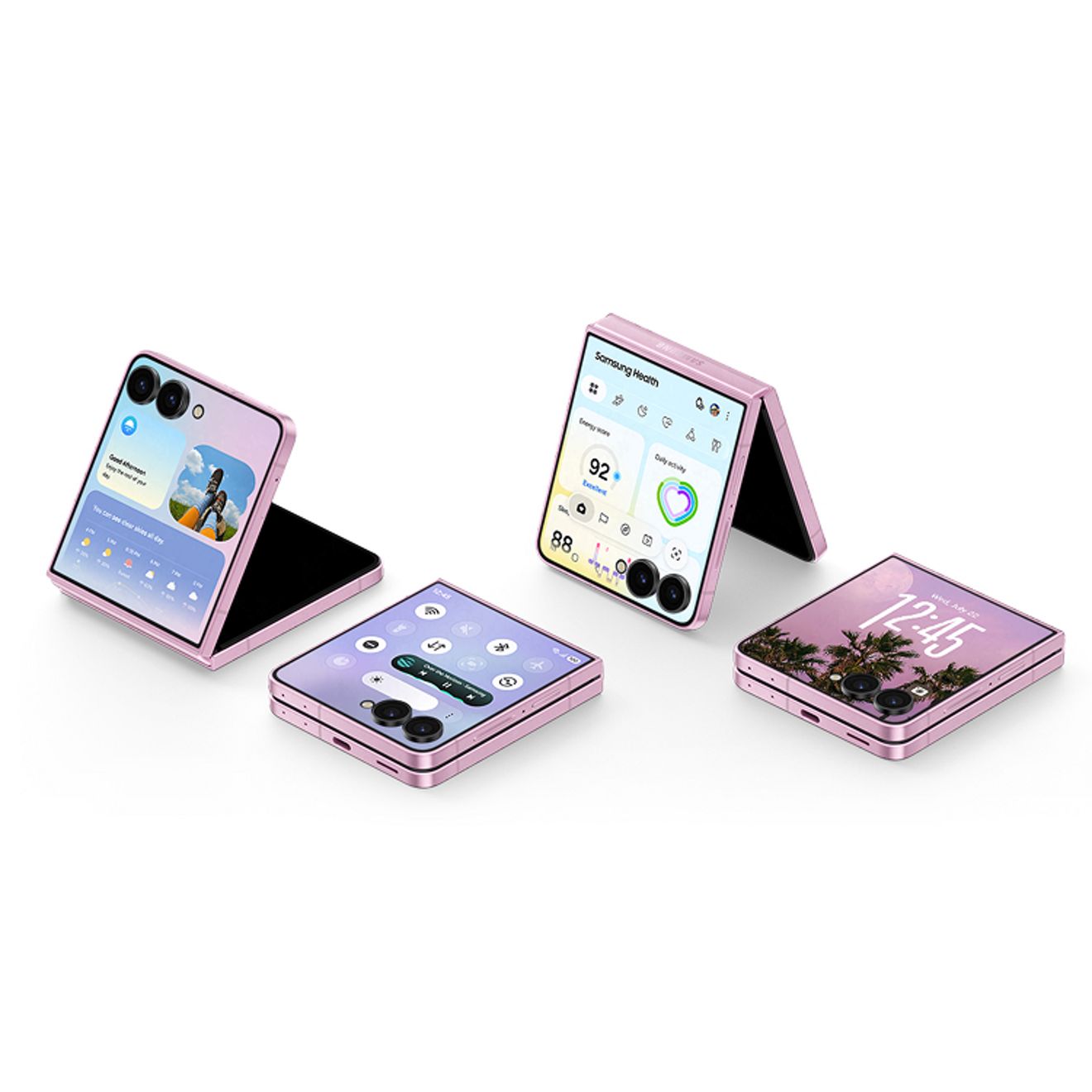 El Samsung Galaxy Z Flip8 en rosa, se muestra plegado en modo Flex con widgets, controles de cámara y funciones de la pantalla de la cubierta que aparecen en múltiples dispositivos.