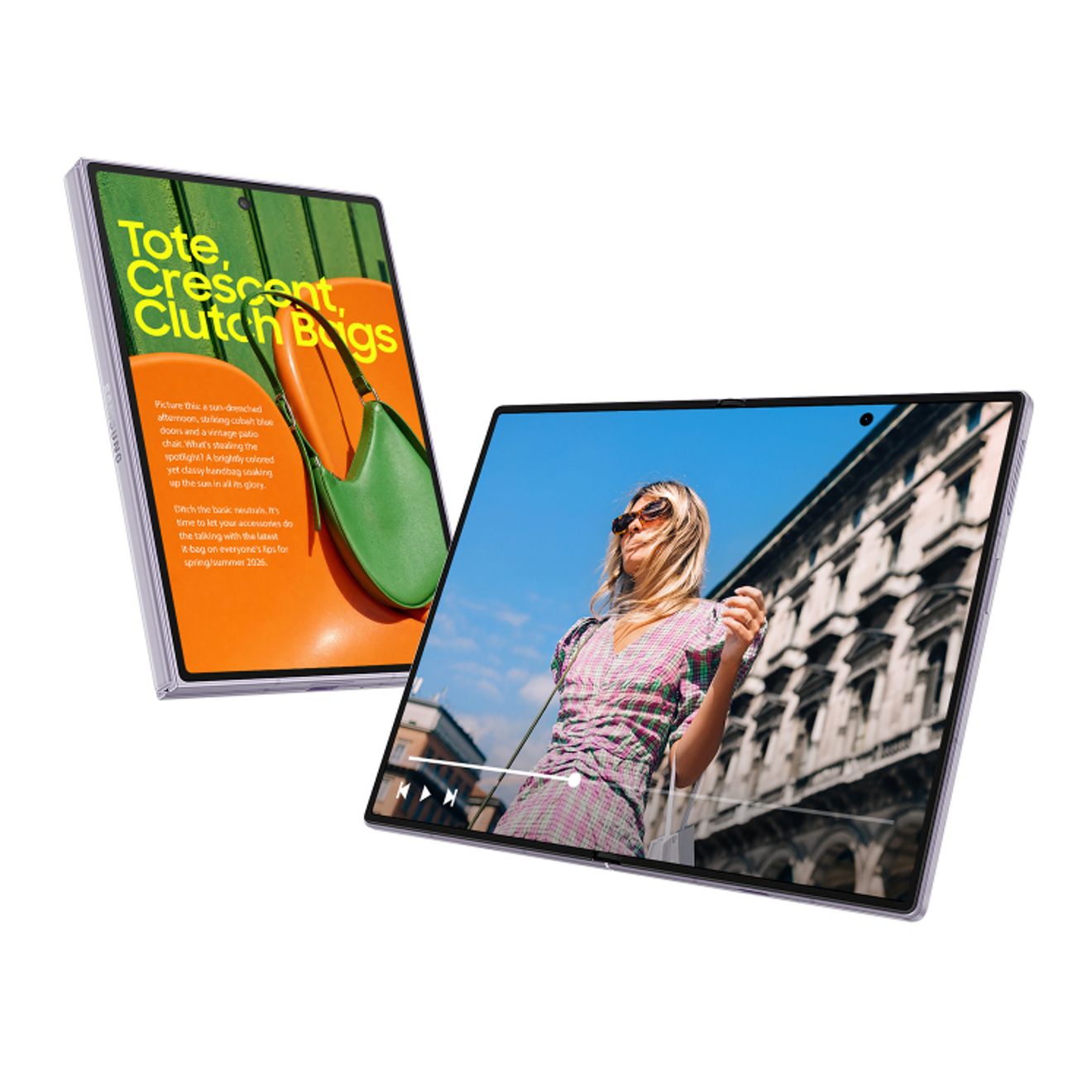 El Samsung Galaxy Z Fold8 se muestra abierto en distintos ángulos, mostrando una página de revista digital y un video reproduciéndose en la pantalla plegable amplia